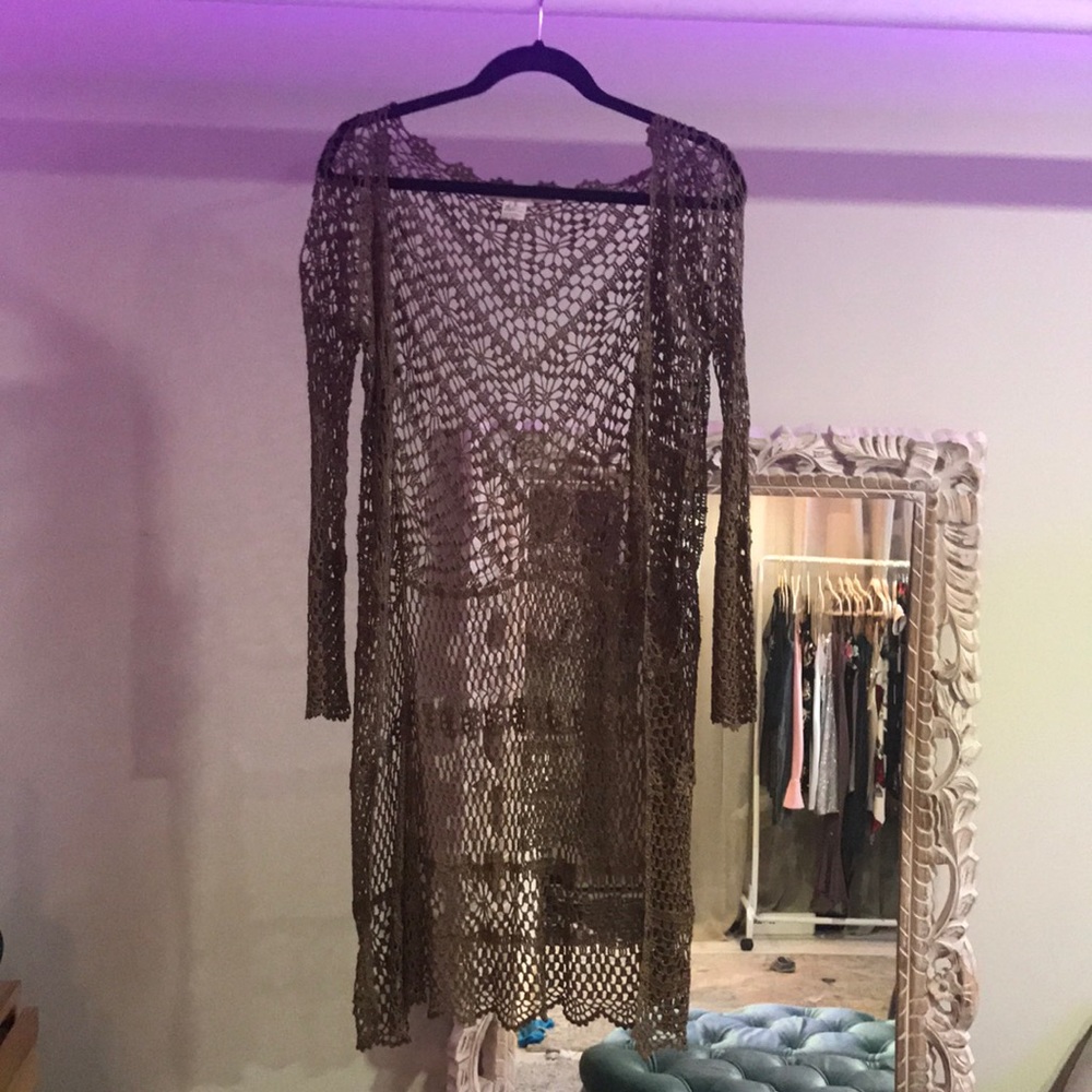 Long olive green lace cardigan